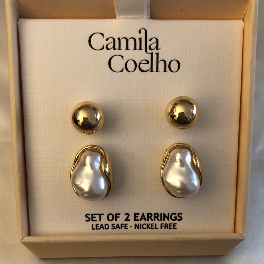 Camila Coelho Gold Tone Ball Studs &  Freshwater Pearl Drop Earring Set NIB